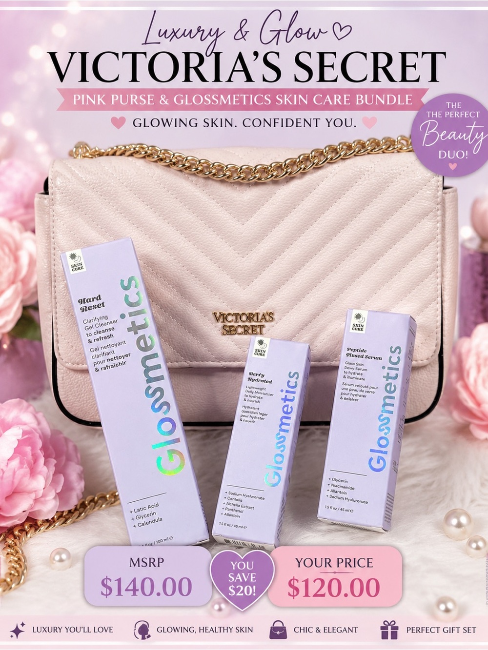 Victoria's Secret Pink Quilted Purse with Glossmetics Skincare Trio